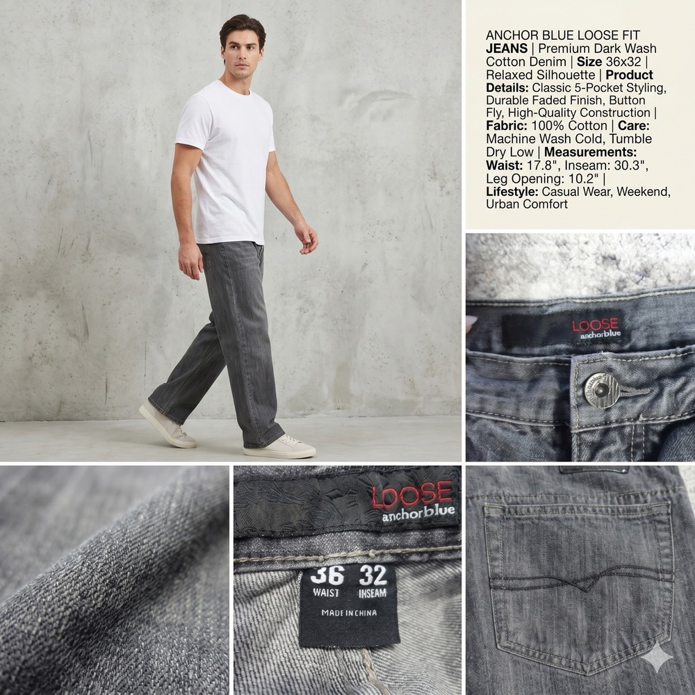 Anchor Blue Loose Fit Jeans Mens 36x32 Faded Black Baggy Skater Denim Pants